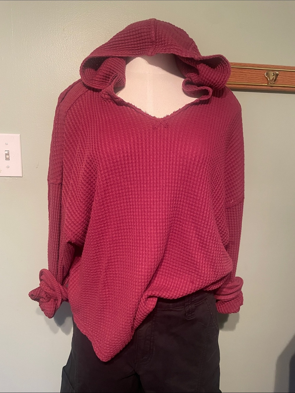 aerie Raspberry Waffle-Knit V-Neck Hooded Sweater